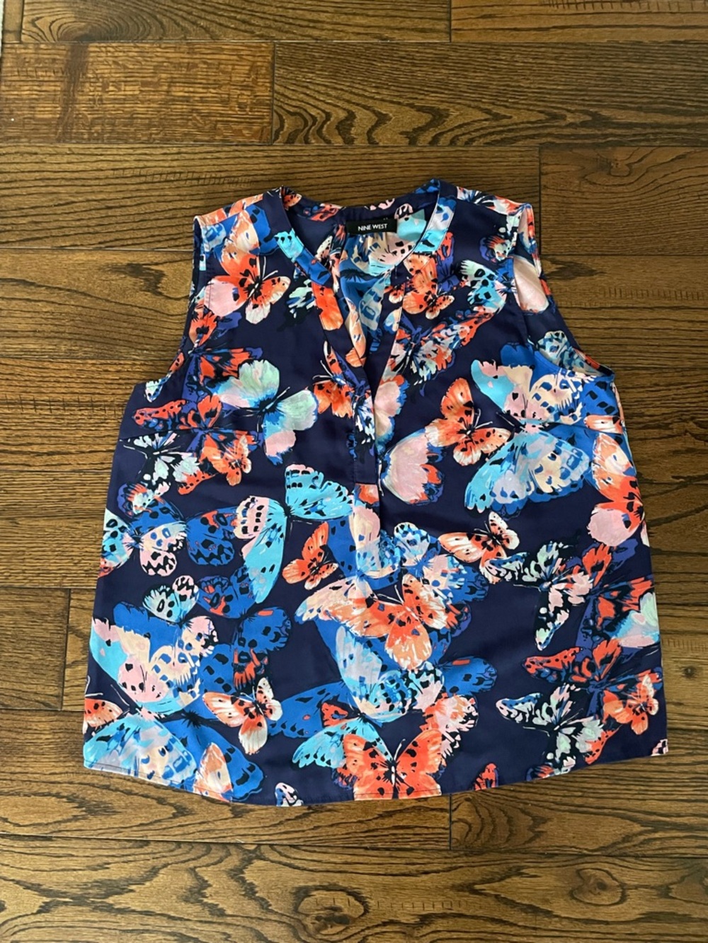 Nine West Navy Floral Butterfly Sleeveless Top with Coral and Aqua Accents